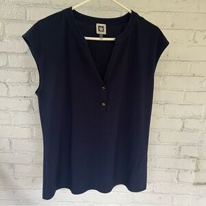 ANNE KLEIN Cap Sleeve V-Neck Navy Blue Top